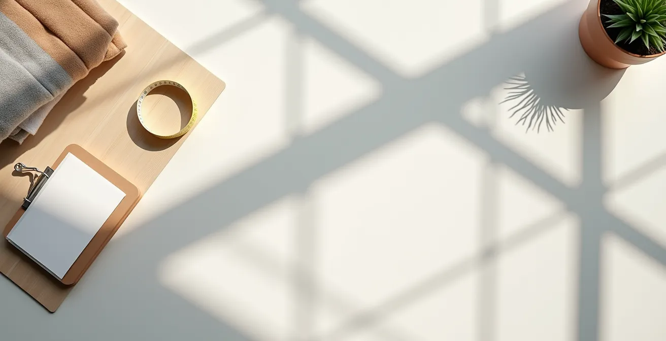 Vue aérienne d'un bureau avec documents de déménagement et calculatrice