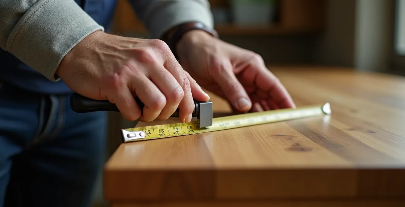 Gros plan sur des mains mesurant précisément un meuble avec un mètre ruban