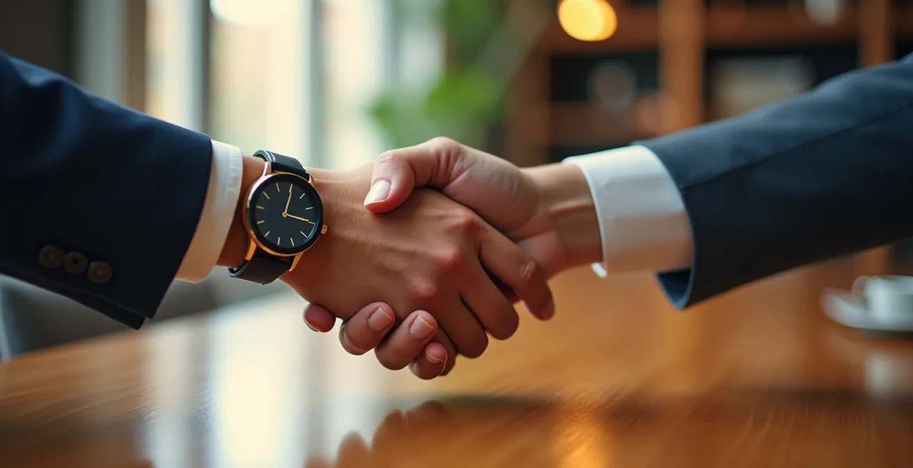 Mains se serrant au-dessus d'une table en bois symbolisant l'accord