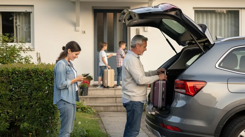 Famille chargeant bagages dans SUV avant départ vacances parking CDG