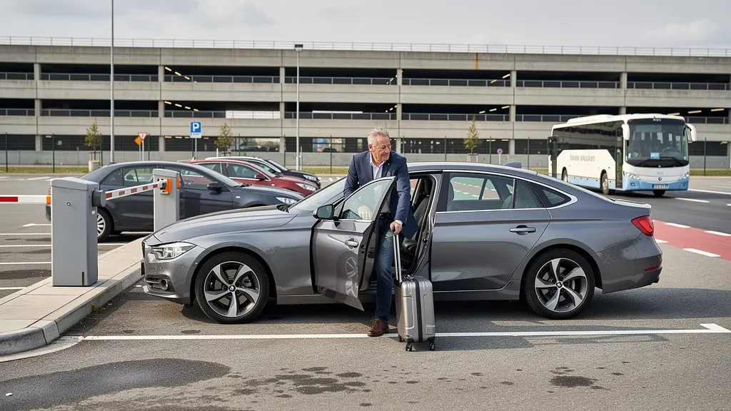 Voiture garée parking aéroport avec navette CDG visible arrière-plan