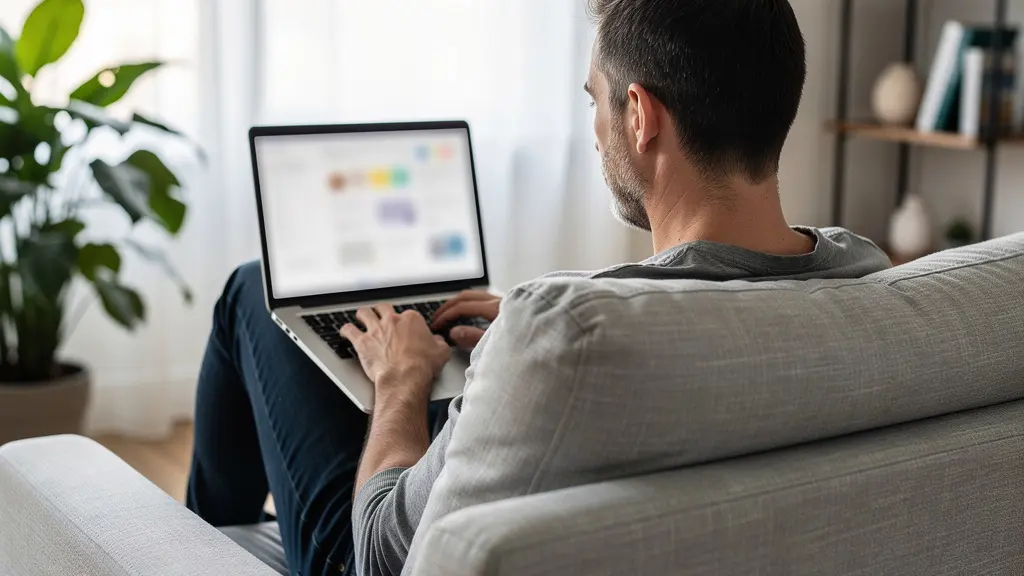 Personne réservant parking CDG sur ordinateur portable dans salon