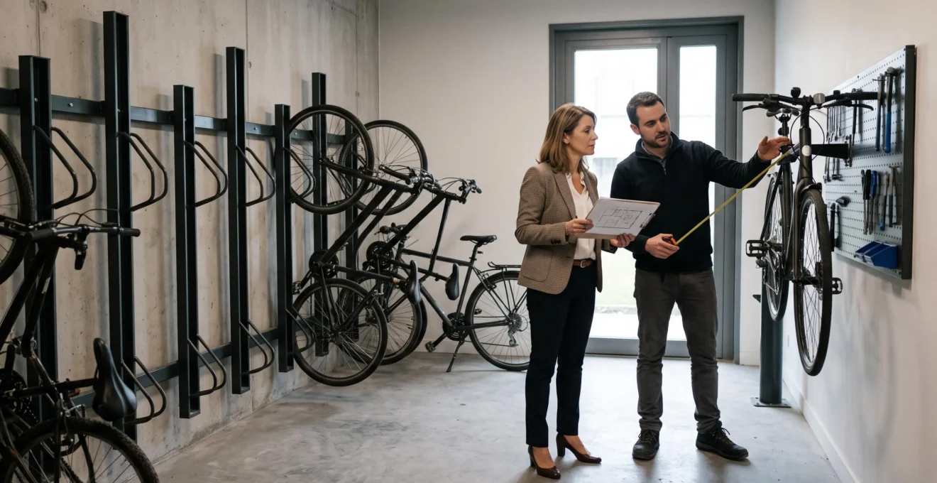Une responsable RH et un technicien inspectant l'aménagement d'une salle à vélos avec racks et station de réparation.