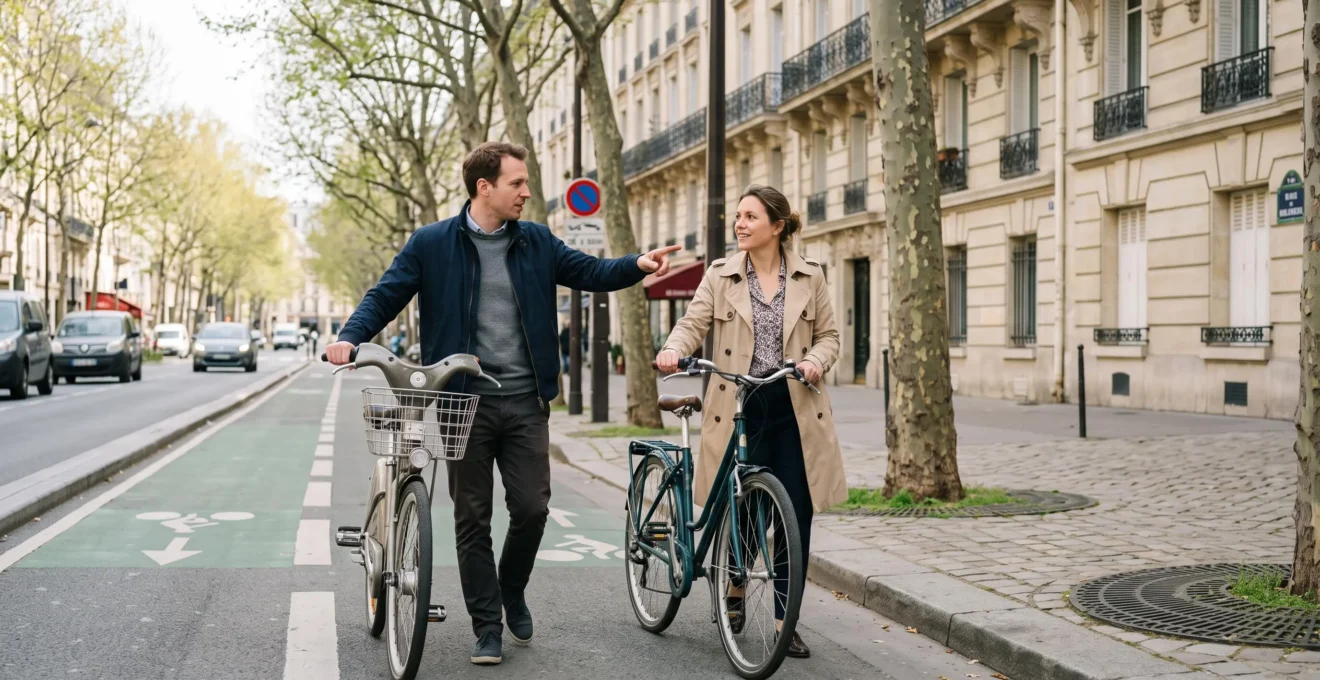 Deux collègues marchant avec leurs vélos sur un trottoir urbain le long d'une piste cyclable.