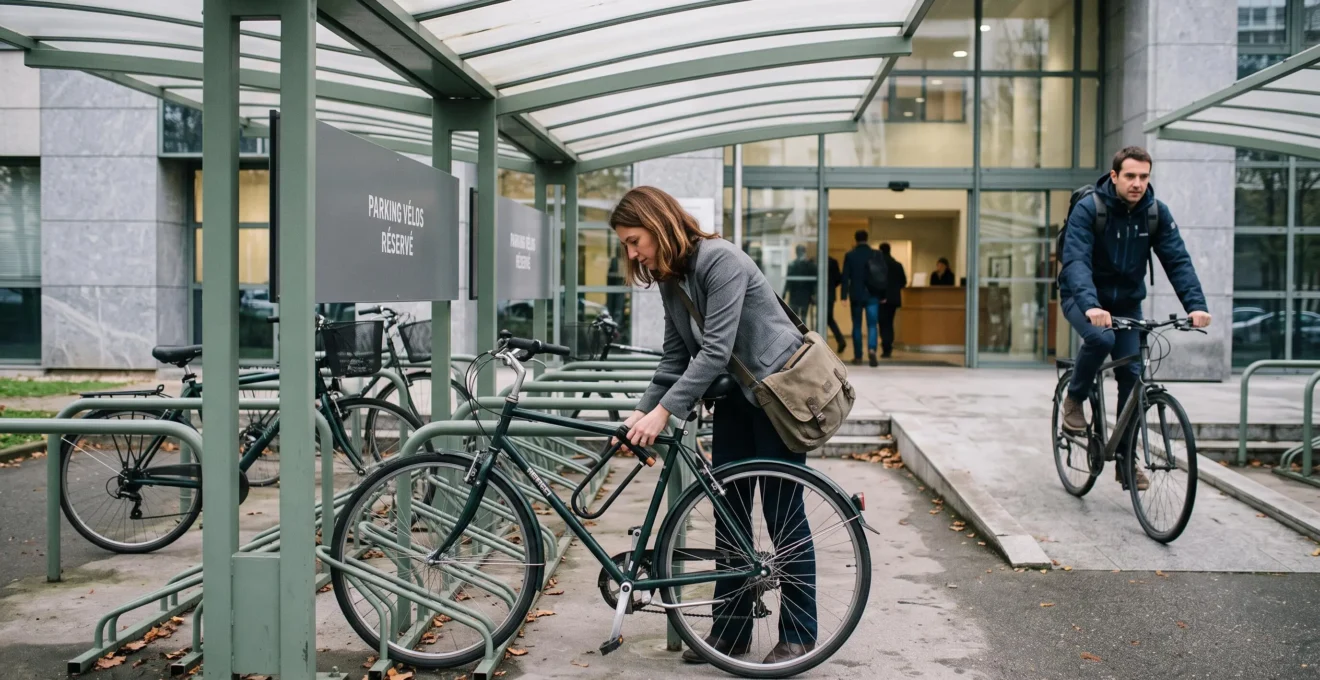 Salariés garissant et manœuvrant leurs vélos dans un stationnement vélo couvert à l'entrée d'un immeuble de bureaux.