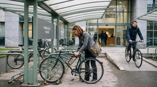 Salariés garissant et manœuvrant leurs vélos dans un stationnement vélo couvert à l'entrée d'un immeuble de bureaux.